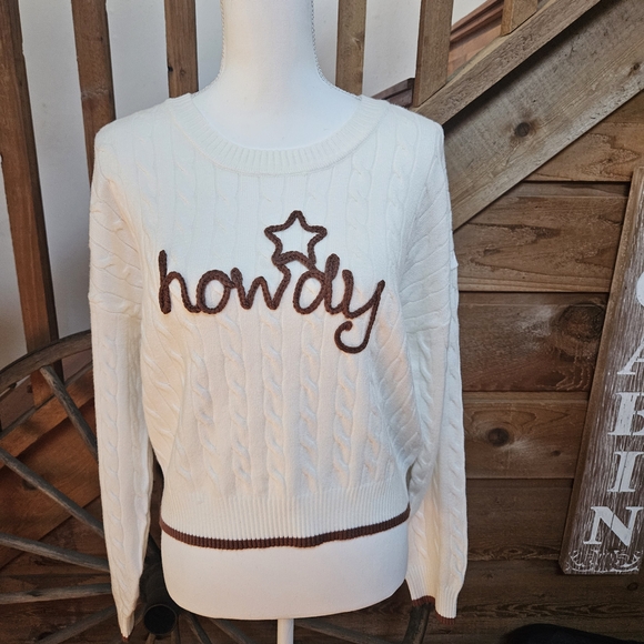 Madden Girl Cream Sweater with Brown 'Howdy' Embroidery - Picture 1 of 9